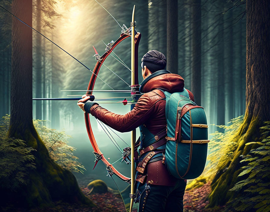 Archer with Recurve Bow in Sunlit Forest