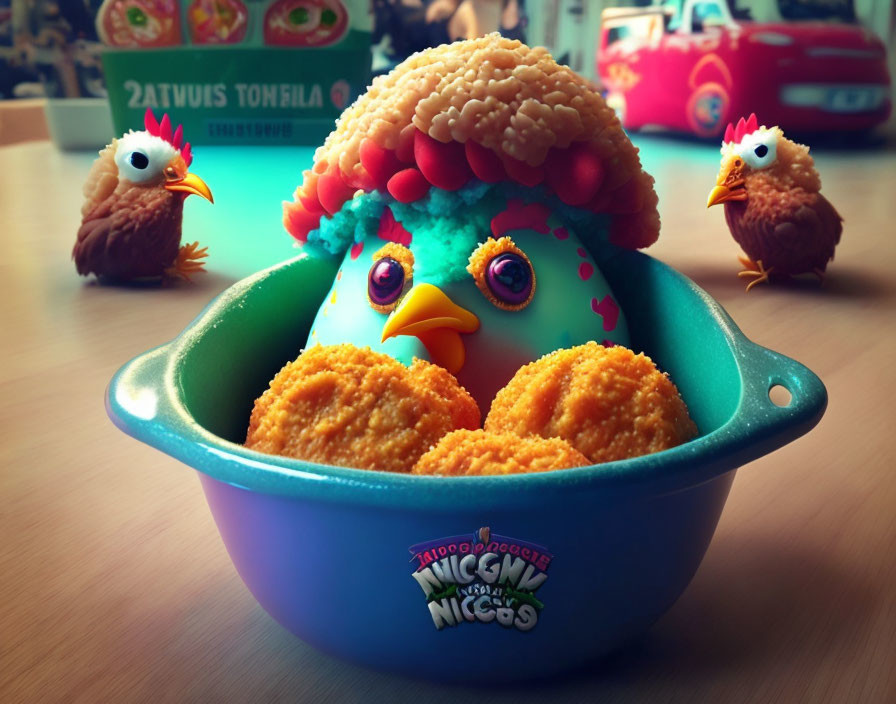 Colorful Toy Chicken Trio in Green Bowl