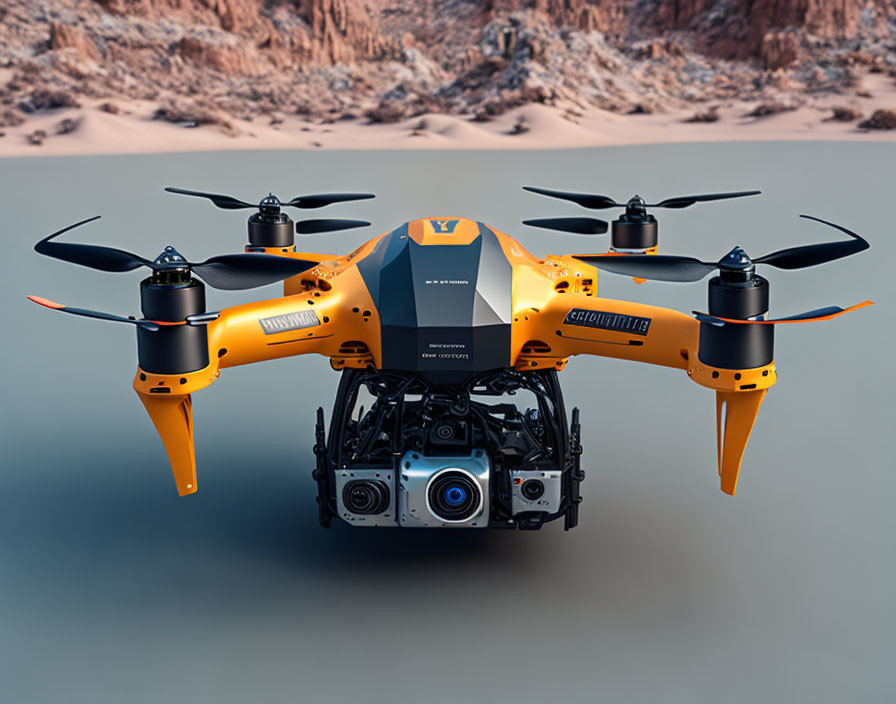 Six-rotor orange and black drone with mounted camera on sandy background