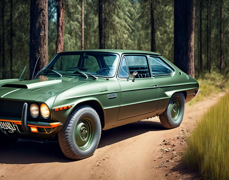 Vintage Green Sports Car with Round Headlights in Forest Setting