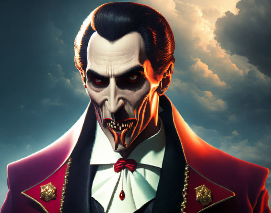 Illustrated vampire with sharp fangs in red and black outfit against dark sky
