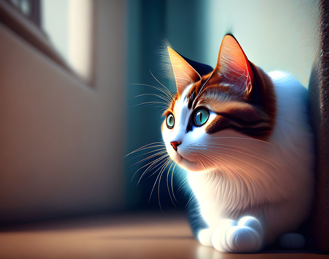 Tricolor cat with wide eyes and alert ears by sunlit window