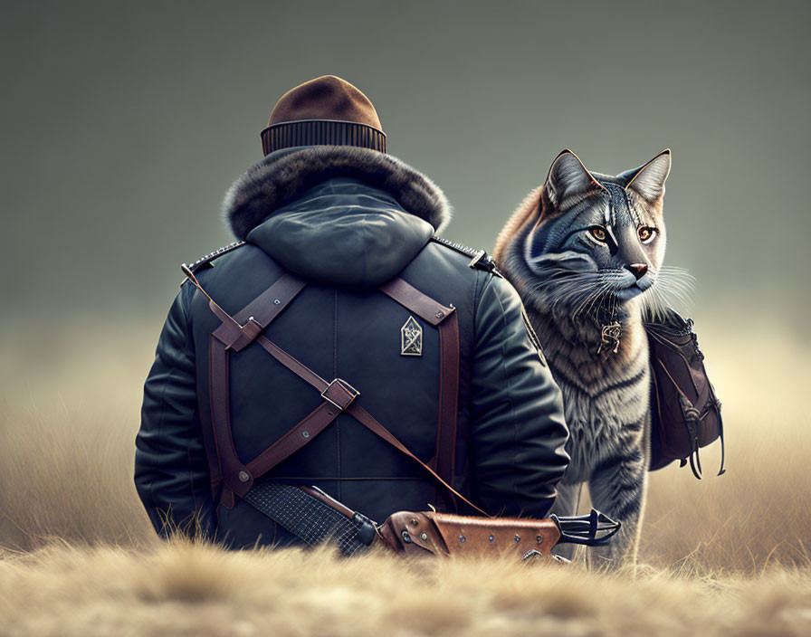 Person in winter jacket with anthropomorphized cat in scarf sitting together