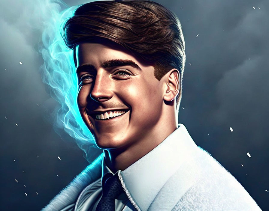 Smiling young man in white jacket with blue smoke on dark background