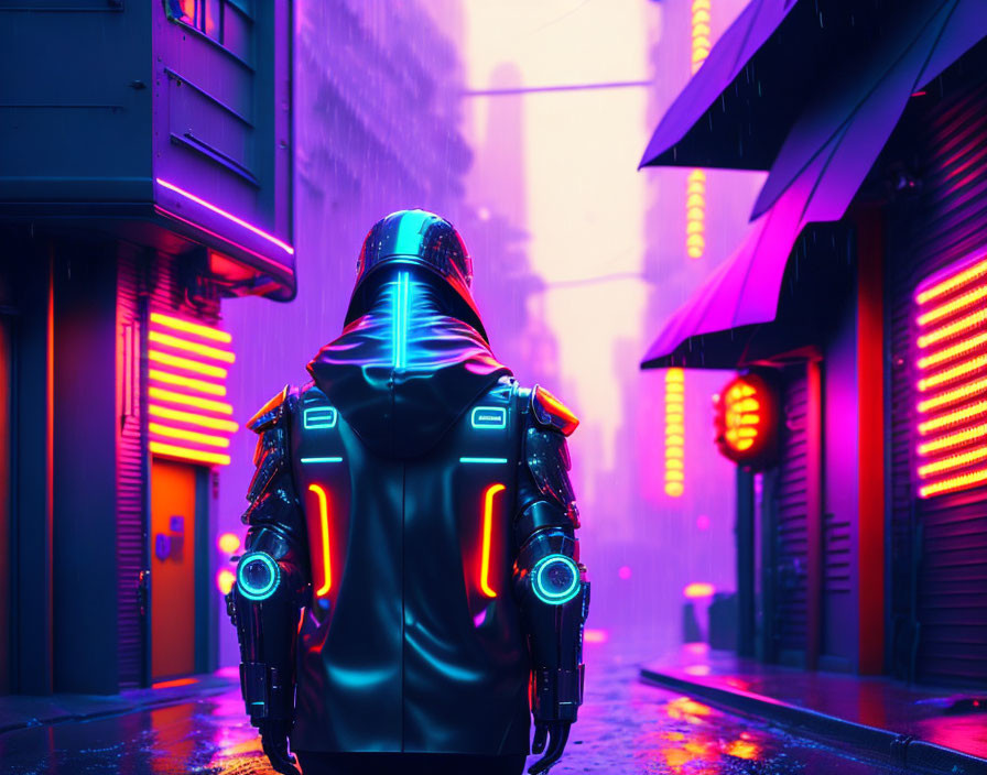 Futuristic cyberpunk-style armor in neon-lit alleyway