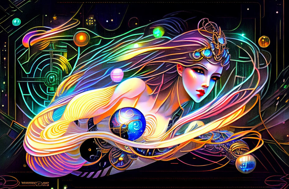 Stylized woman with glowing orbs and geometric patterns on dark cosmic background.