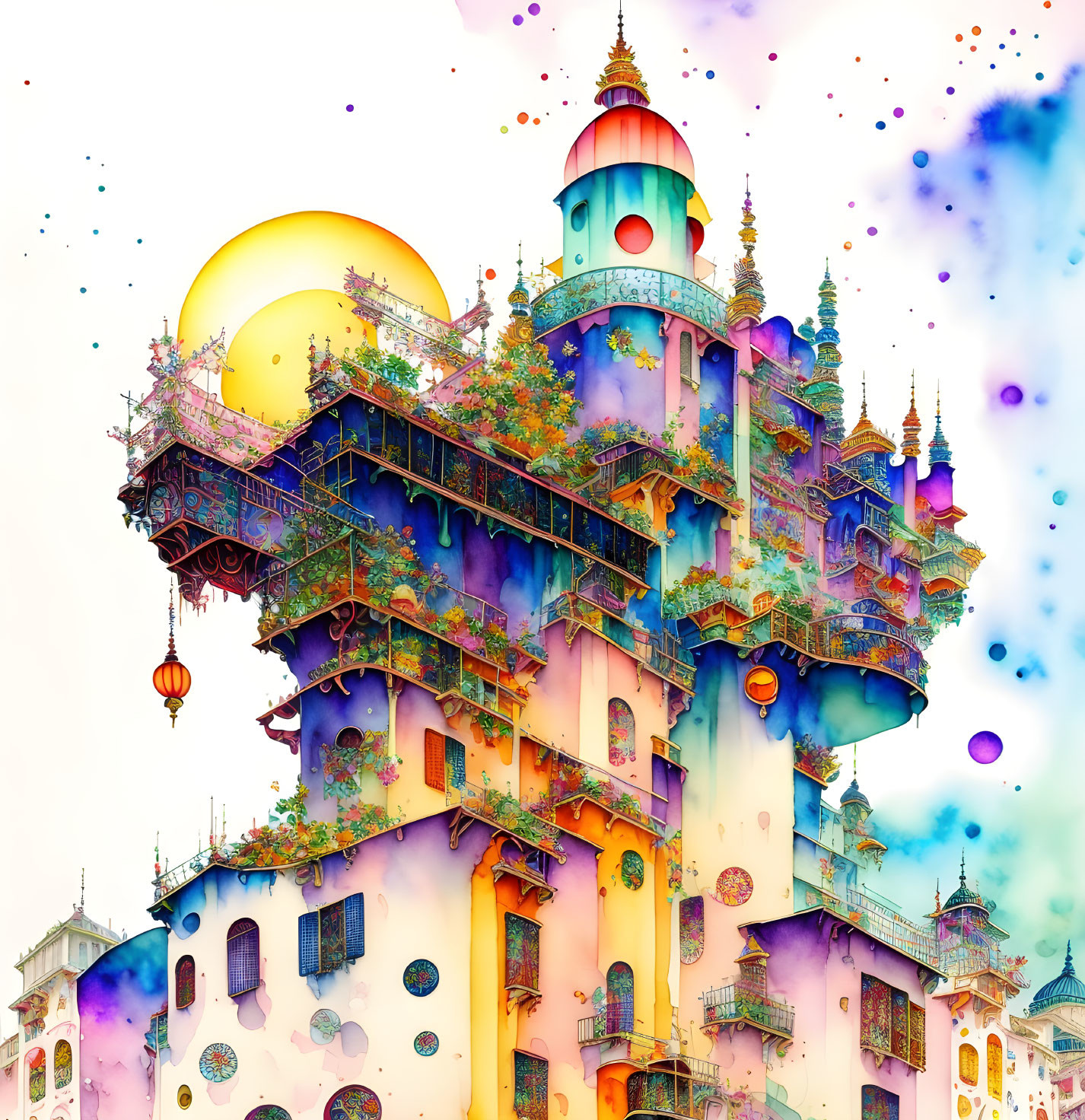 Colorful fantasy castle with whimsical architecture and floating orbs on pastel backdrop