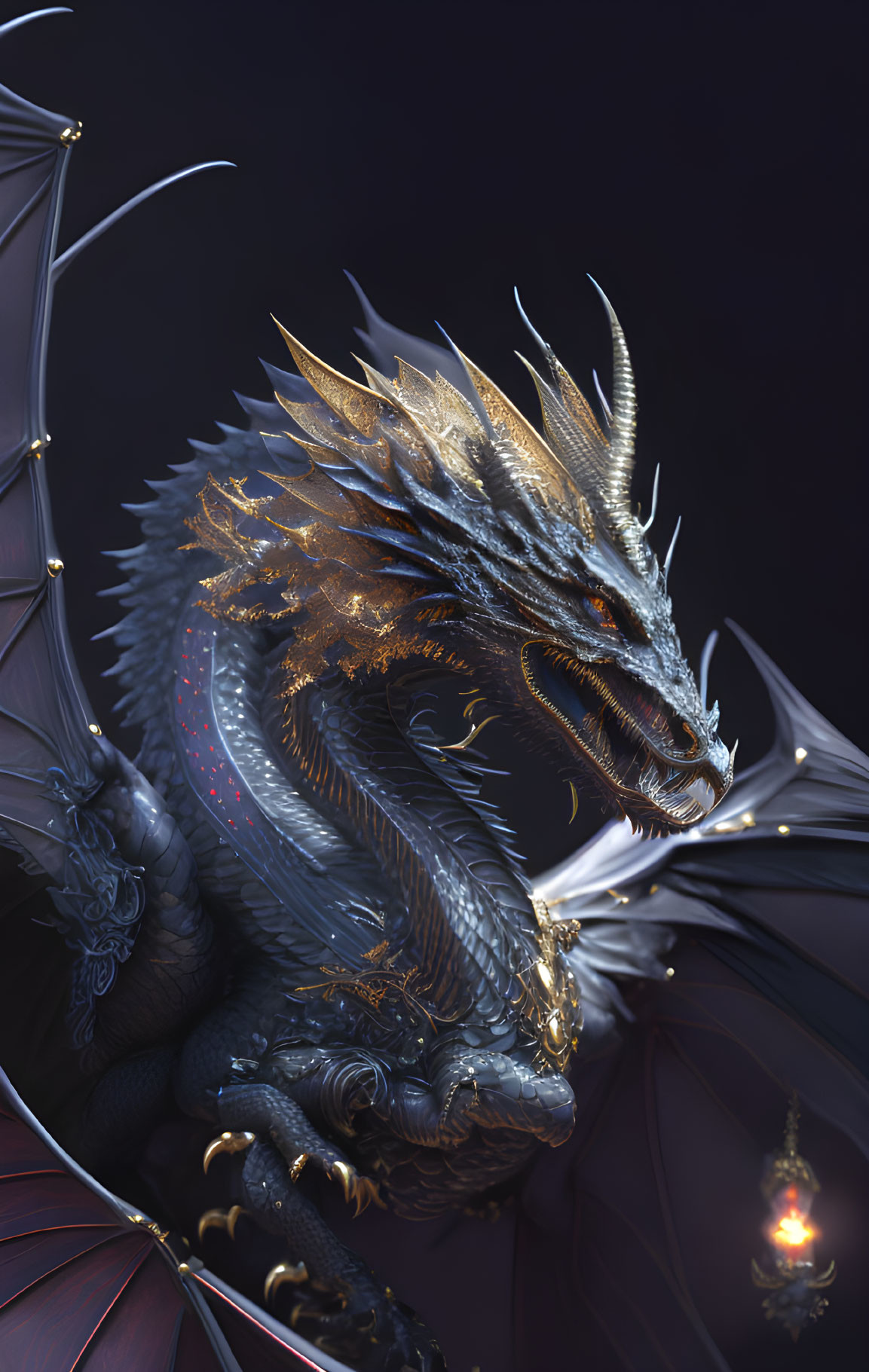 Majestic dragon with golden horns and intricate scales on dark background