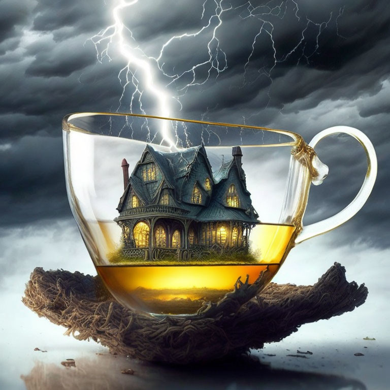 Victorian-style house in teacup on nest under stormy sky