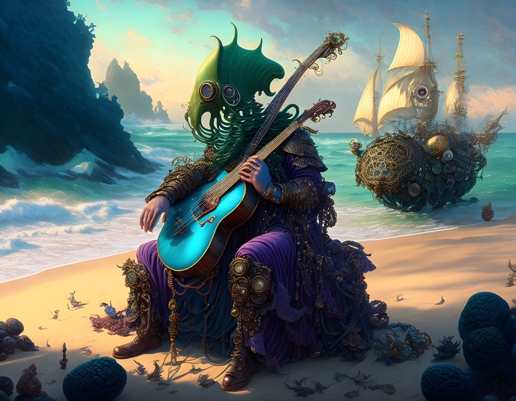 Squid-like creature playing cello on beach with steampunk orb ship in background