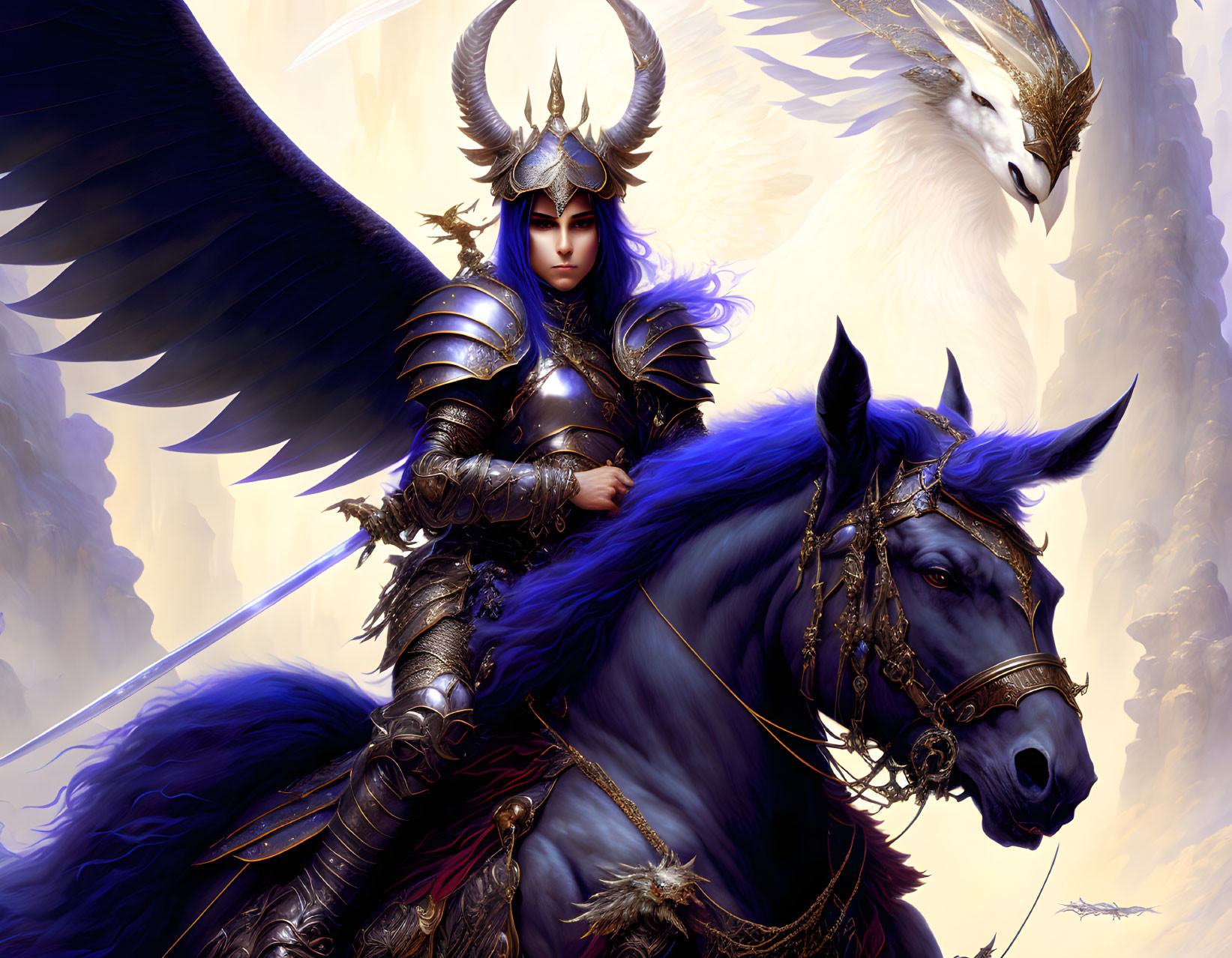 Armored warrior on black horse with white bird in golden landscape