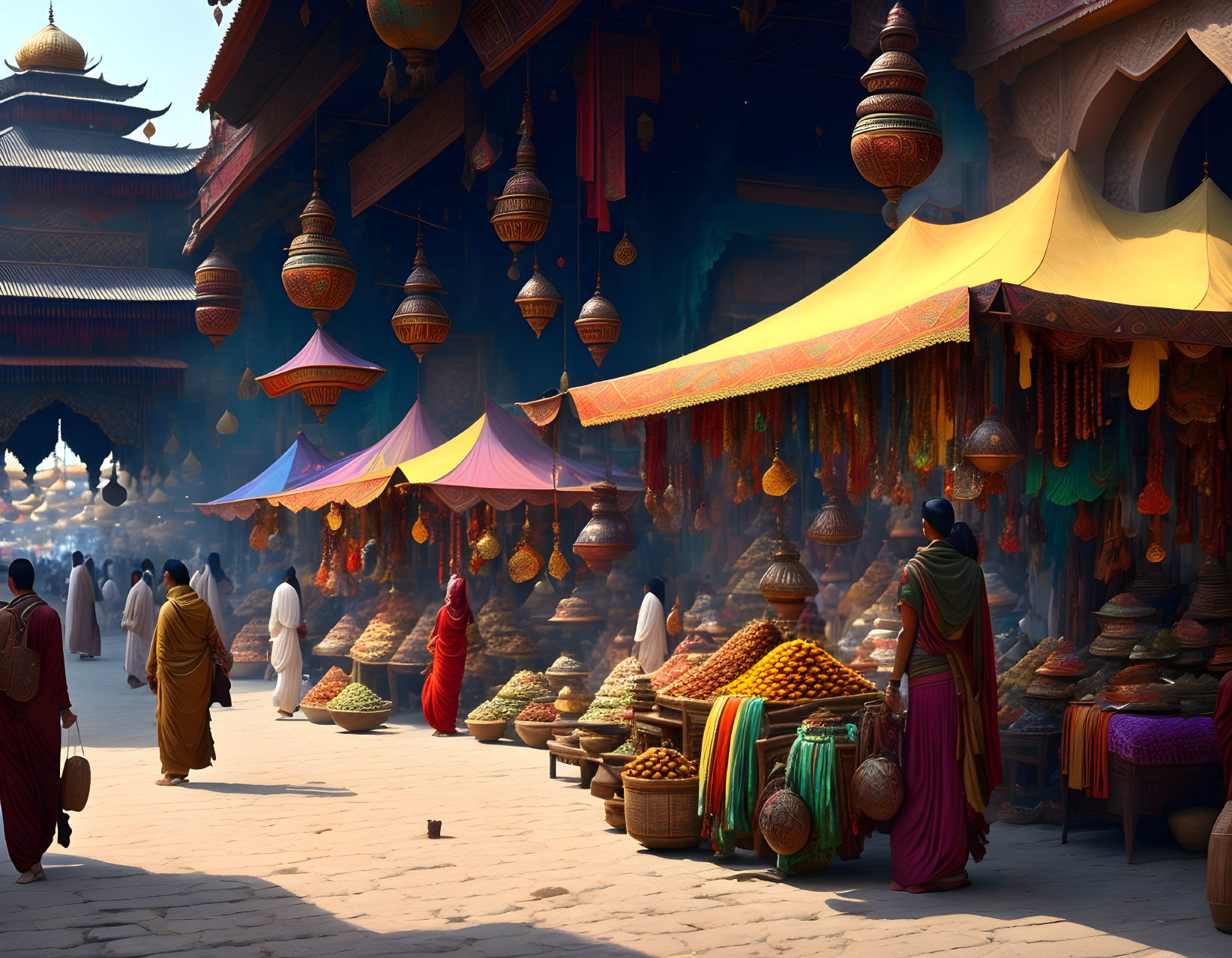 Colorful Market with Hanging Textiles, Terracotta Pots, and Traditional Attire People