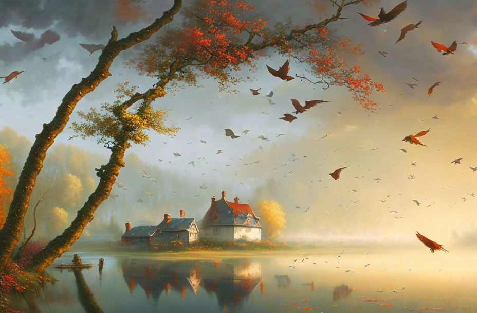 Birds flying over misty lake near cottages in autumnal scene.