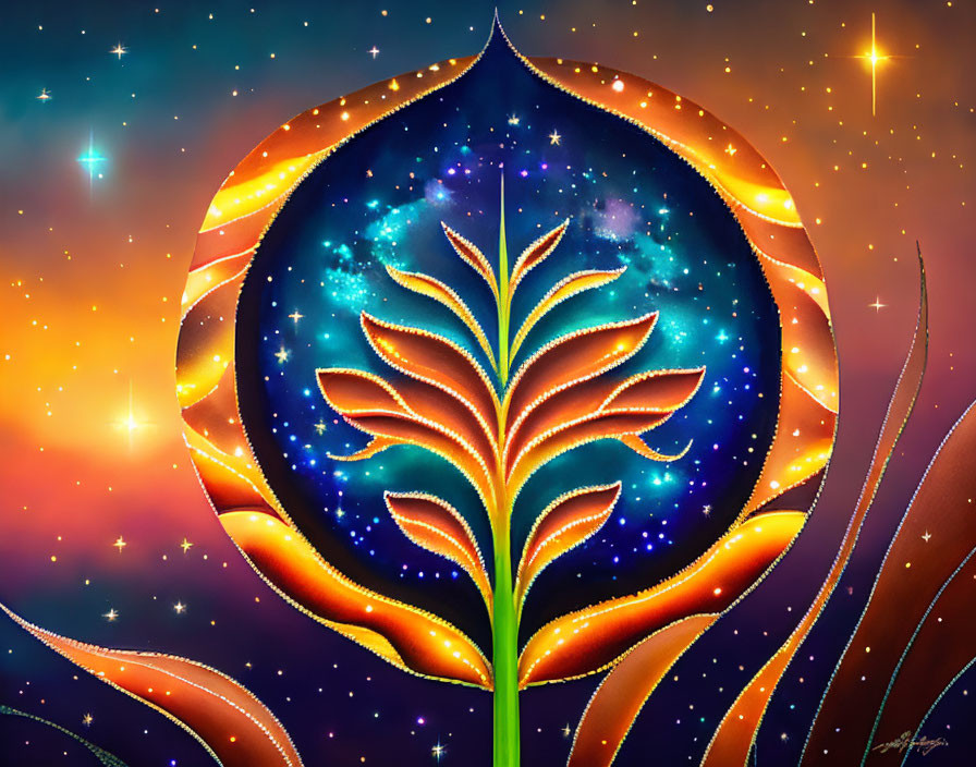 Colorful cosmic plant in glowing leaf border on starry background