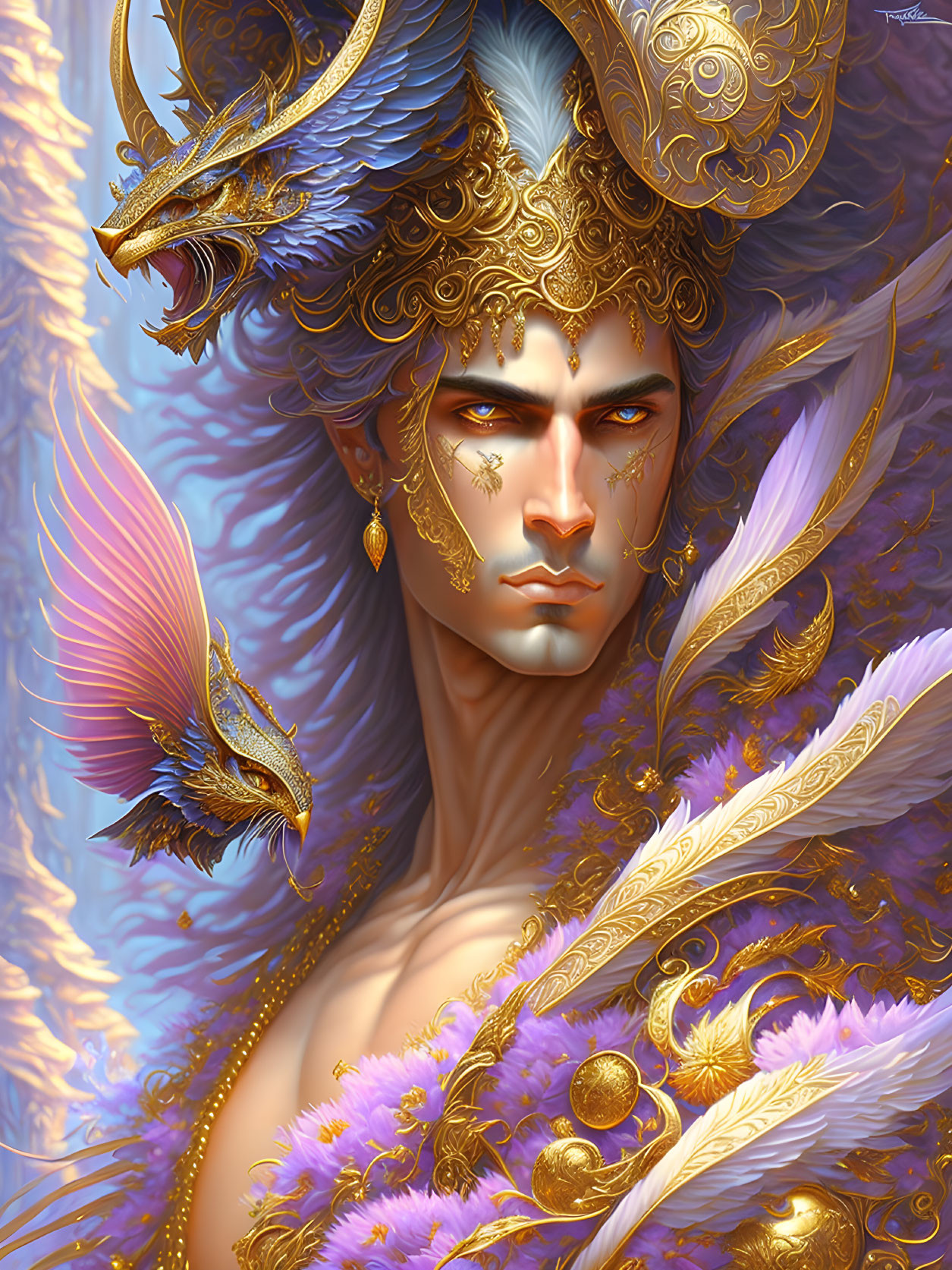 Regal individual in golden armor with dragon on vibrant purple backdrop