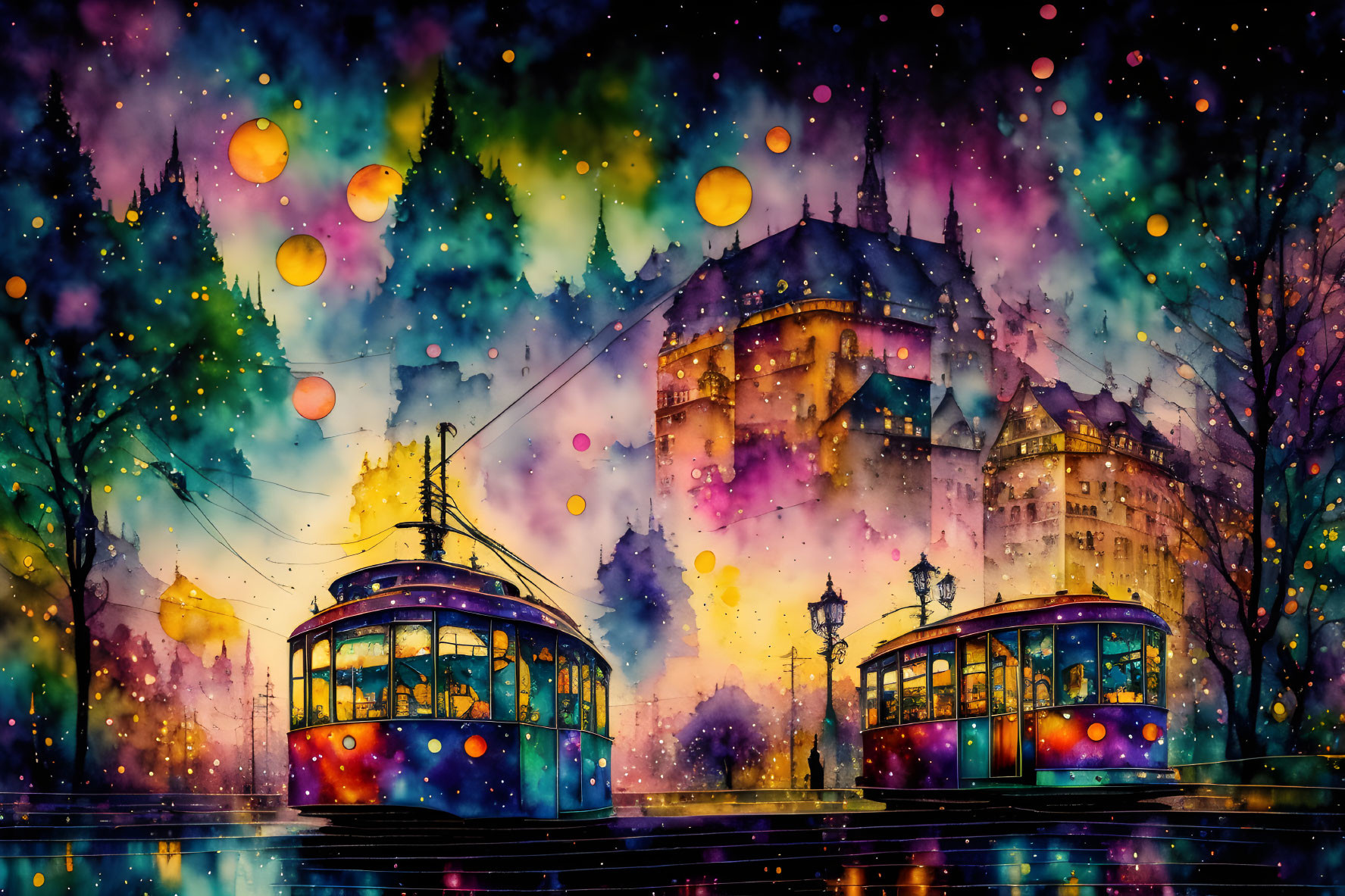 Colorful watercolor painting of two trams on a gleaming street with lanterns against a whims