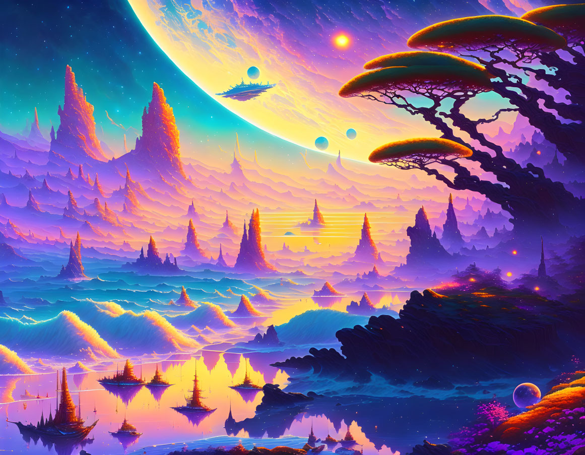 Fantasy landscape with purple hues, mushroom-like trees, large moon, distant planets, sailing ships,