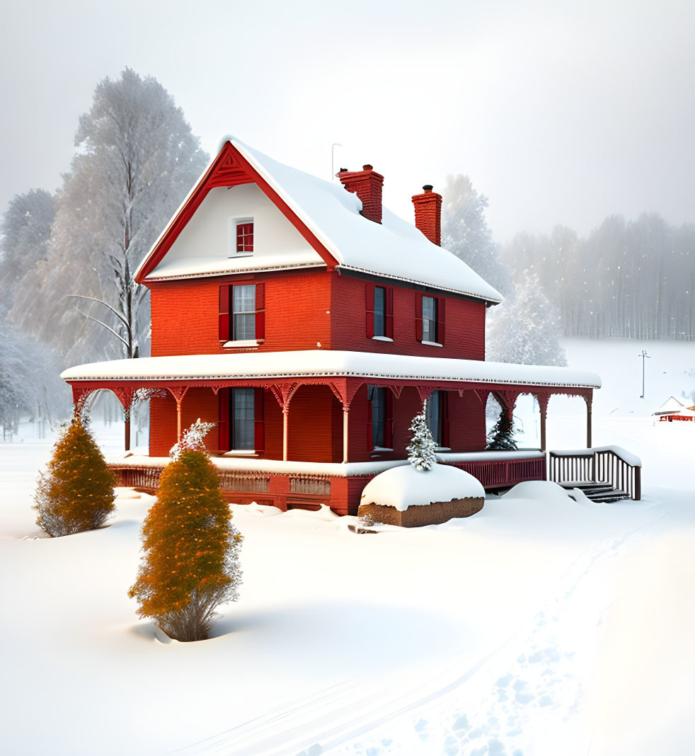 Red two-story house in snowy landscape with porch.