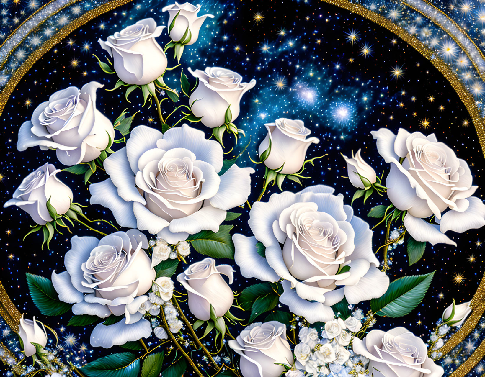 White Roses Bouquet on Starry Background with Golden Frames