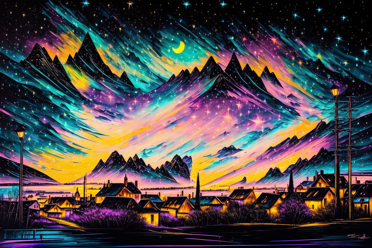 Colorful artwork: Mountain village under starry sky, purple and yellow swirls