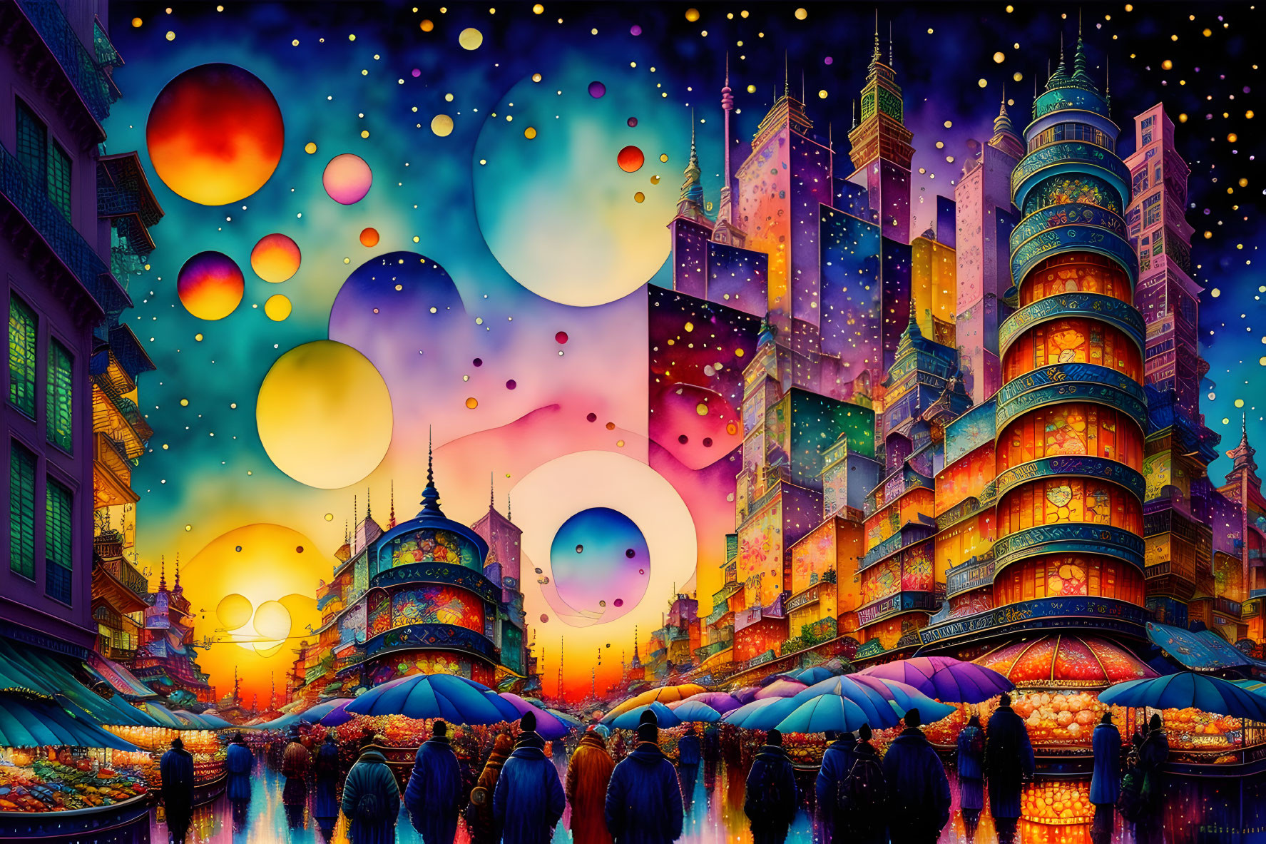 Colorful bubbles float above futuristic cityscape with bustling street and people holding umbrellas