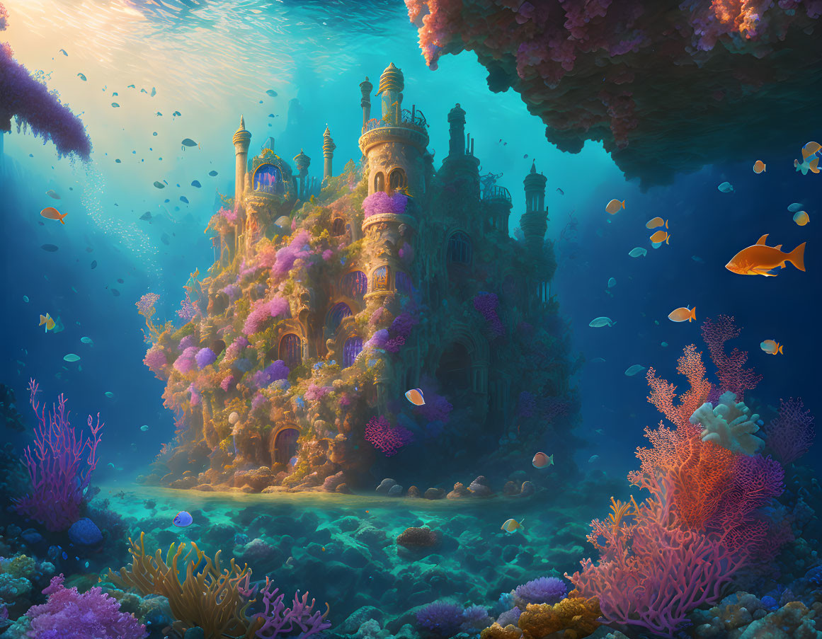 Colorful underwater scene with castle, coral, fish, and cavernous backdrop