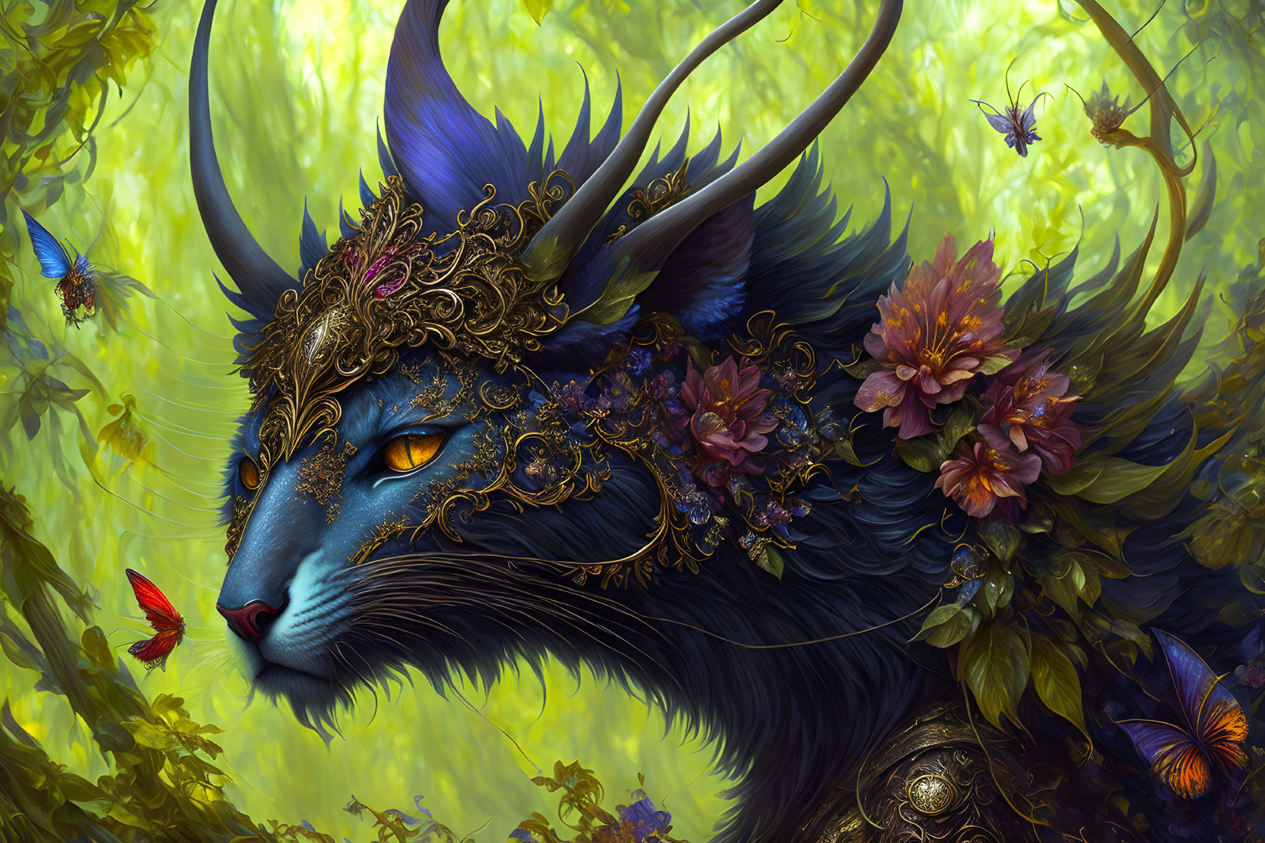 Blue feline with golden antlers and flowers in lush green setting