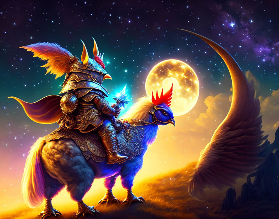 Armored knight on whimsical bird under starlit sky