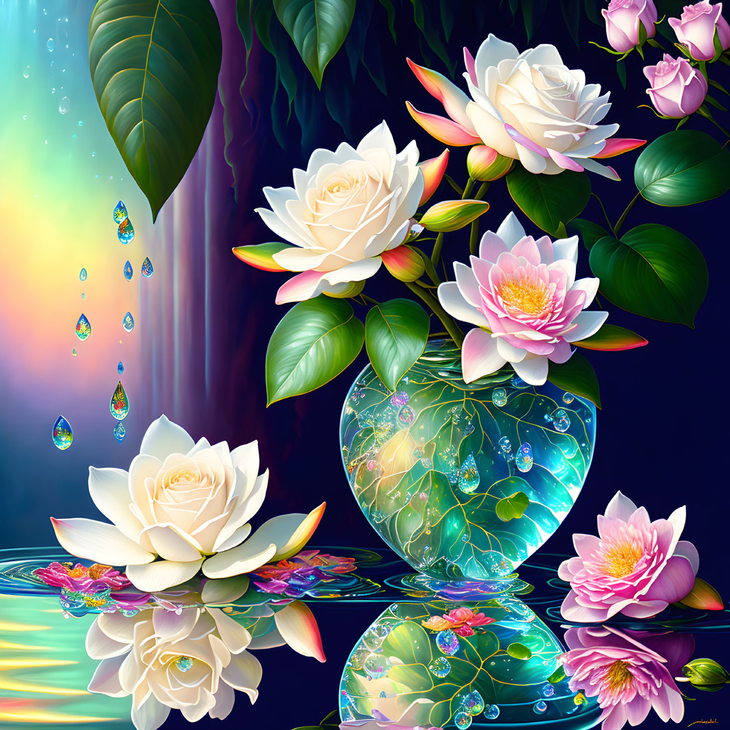 Colorful illustration: Glass vase with white and pink flowers, water droplets, and lush leaves.