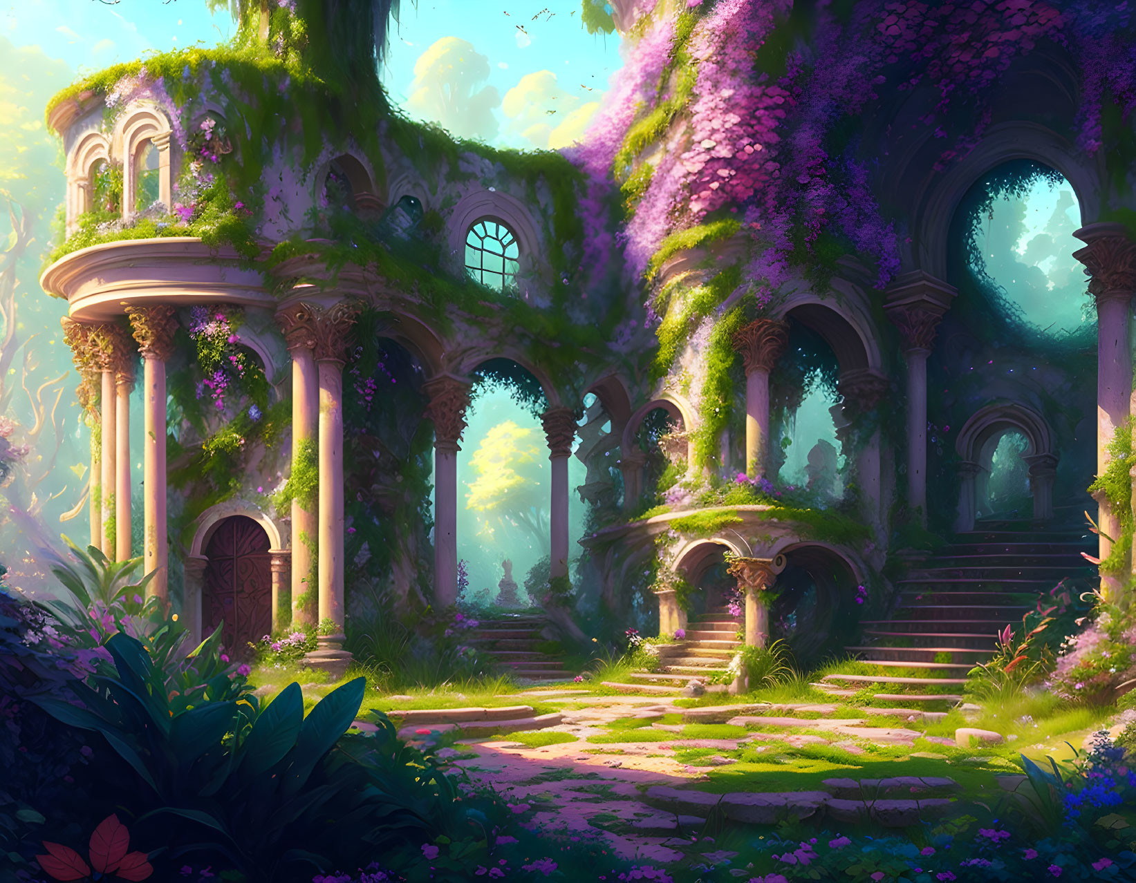 Overgrown ruin with arches, stairs, and flowering vines in soft, mystical light