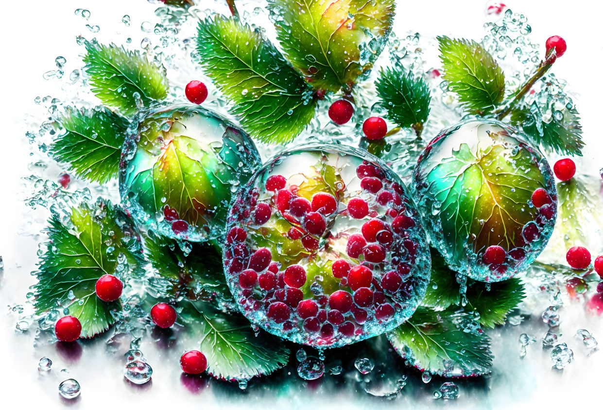 Green leaves and red berries in water bubbles with splashing droplets on white.