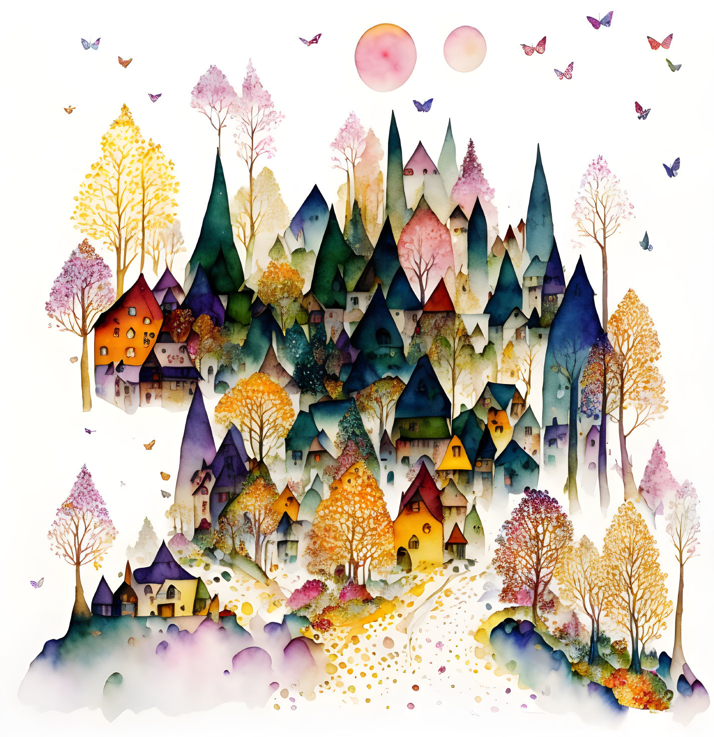 Colorful village illustration with stylized trees, houses, and butterflies on white background.