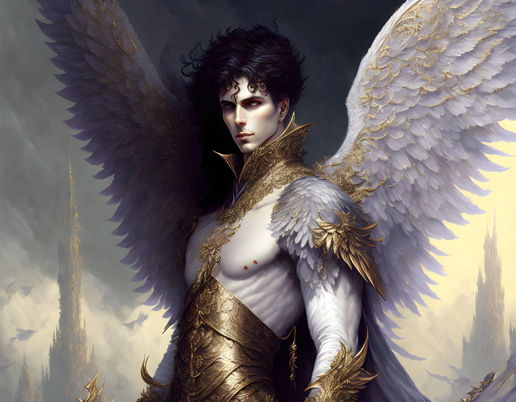 Angelic figure with white wings and golden armor in moody sky