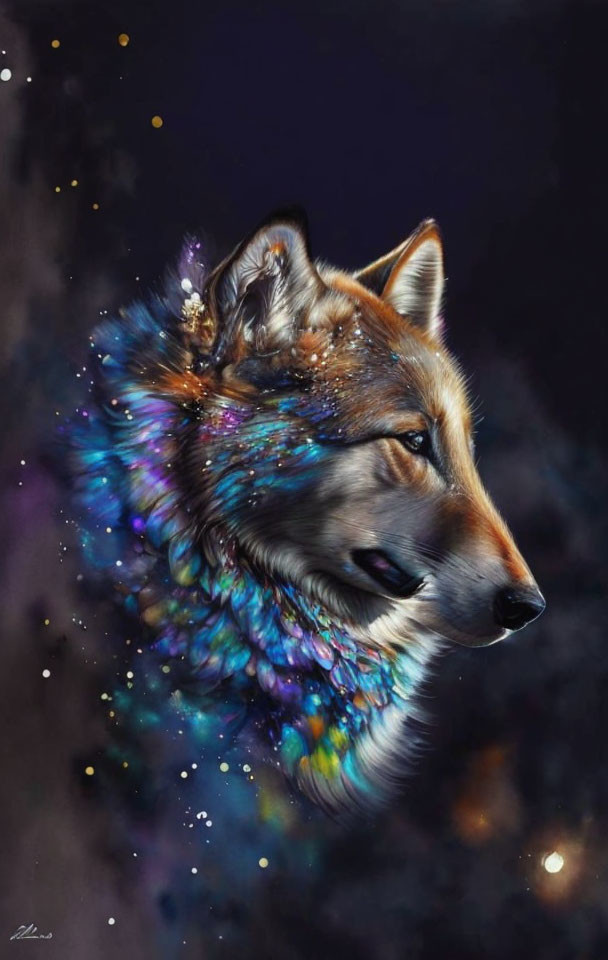 Starry blue and purple cosmic wolf on dark background