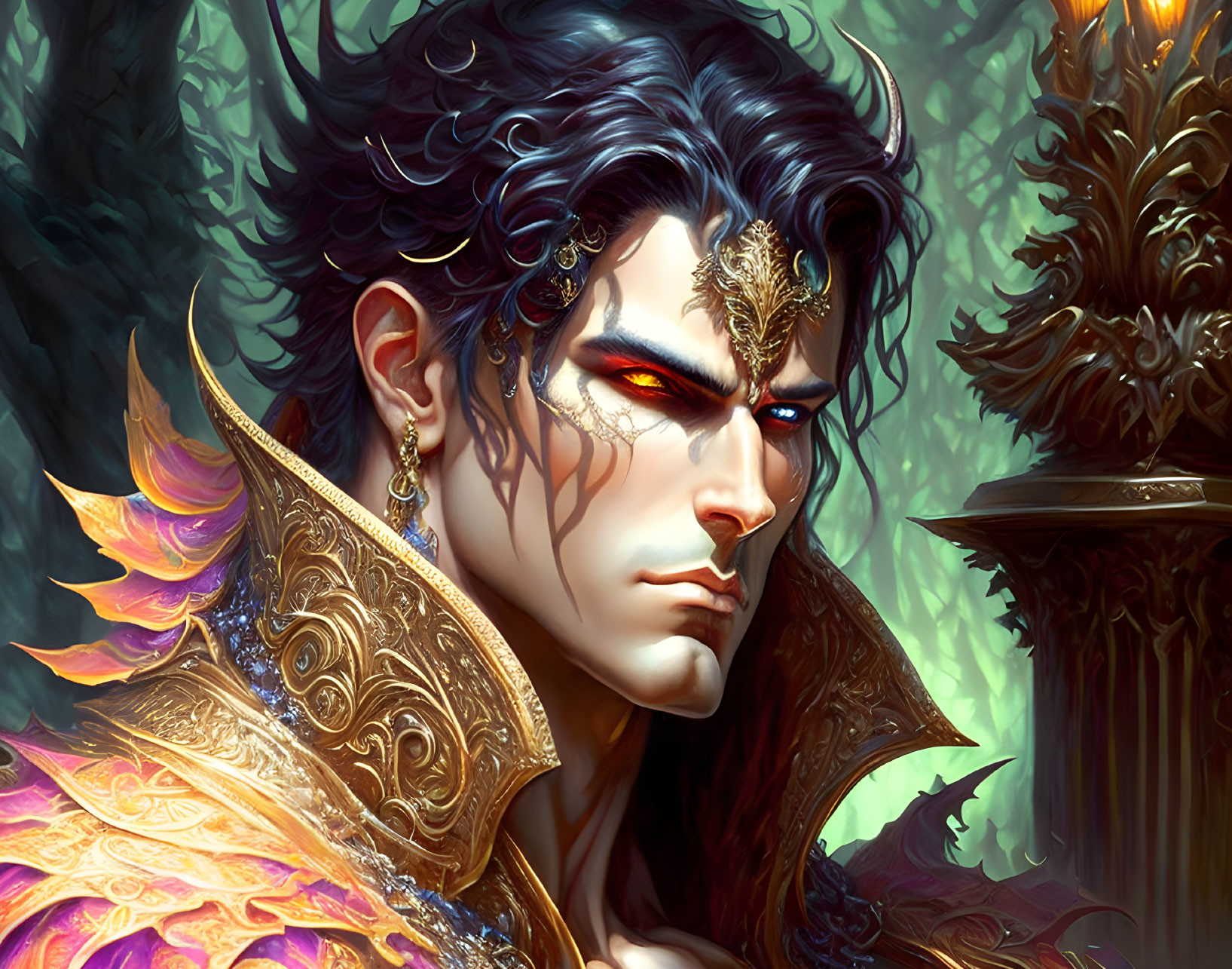 Fantasy character in gold armor with red eyes on lush green backdrop