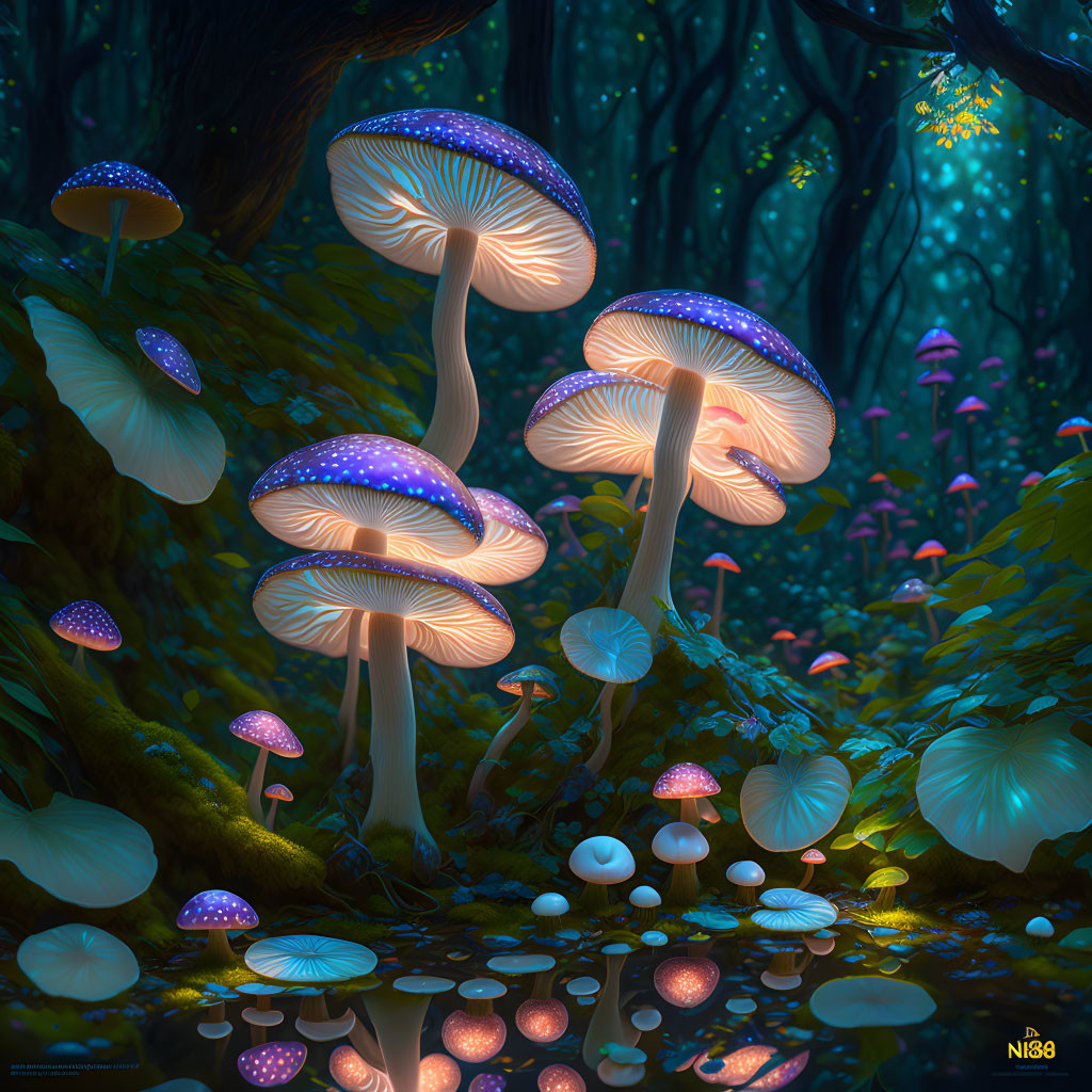 Bioluminescent mushrooms in magical twilight forest