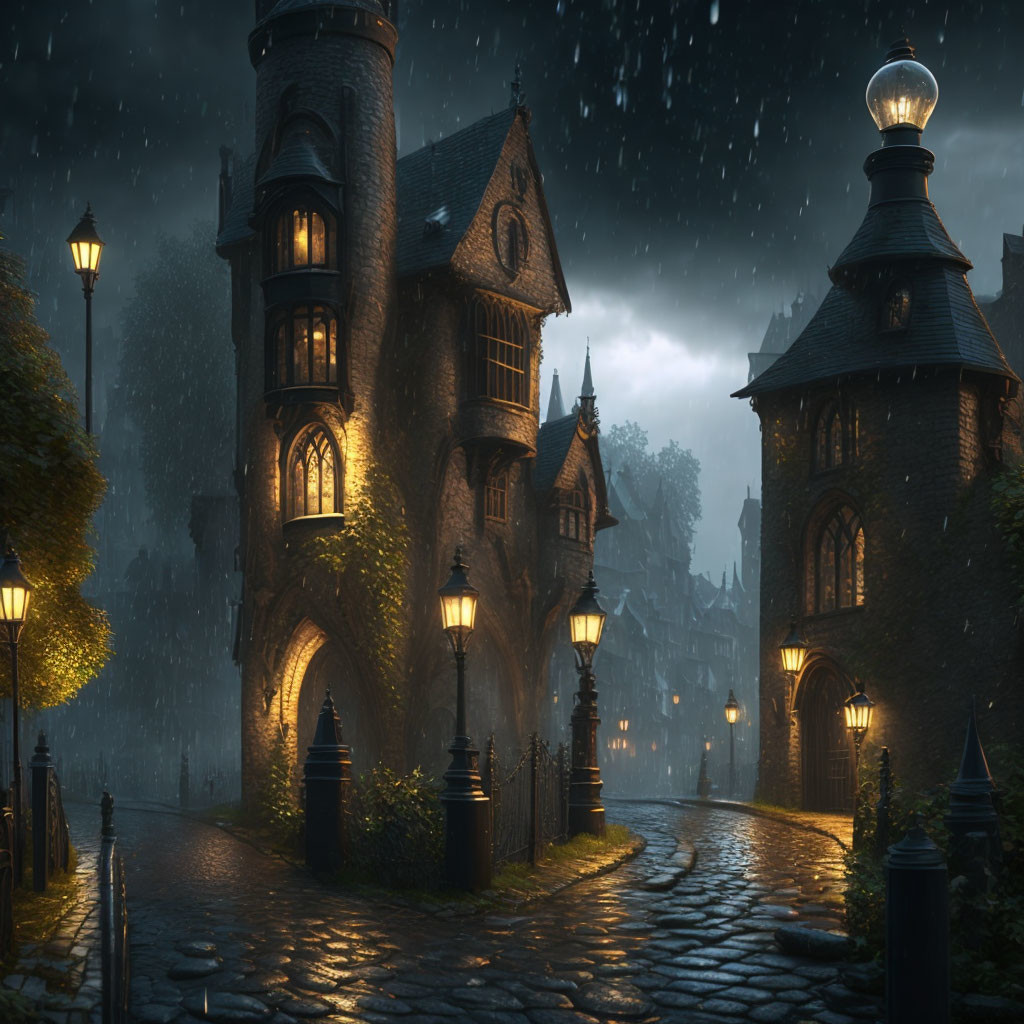 Cobblestone street to illuminated gothic house on misty night