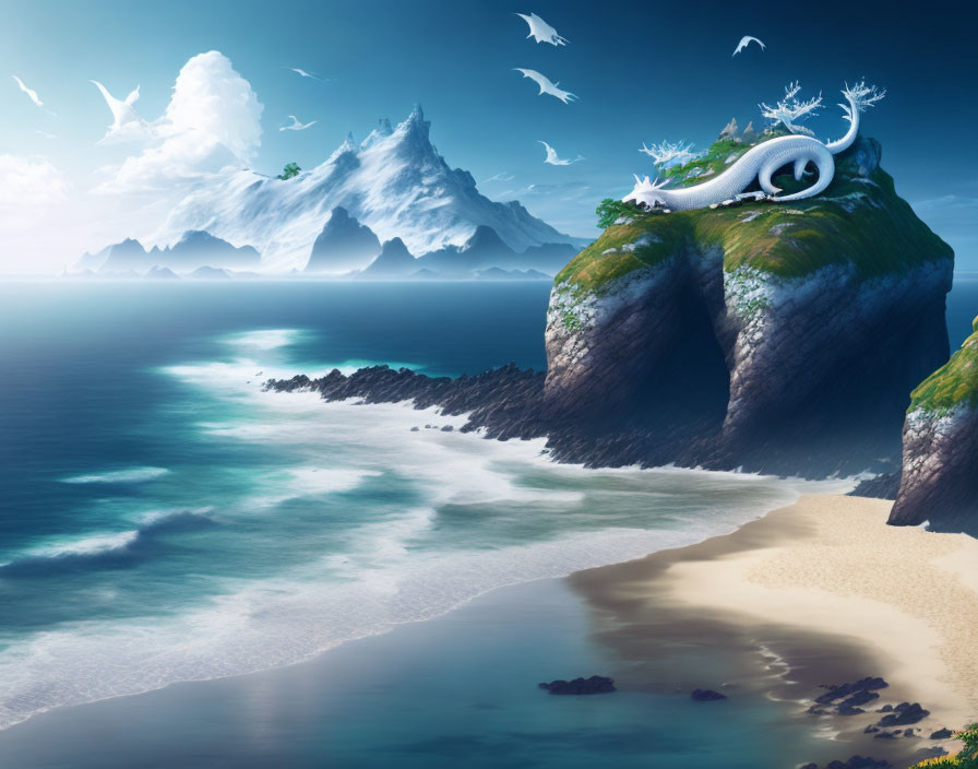 Scenic beach with snowy mountains, cliff, dragon, and blue sky