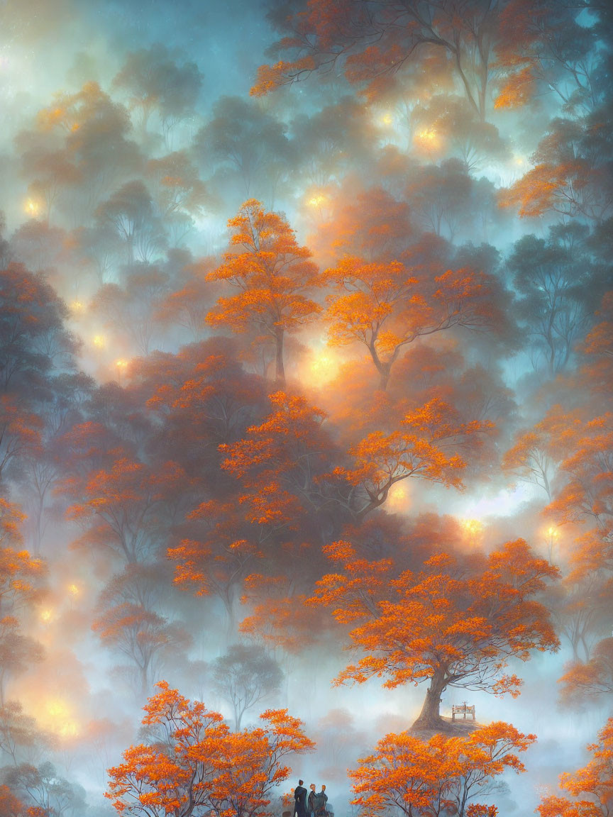 Towering Trees in Mystical Forest with Orange Leaves