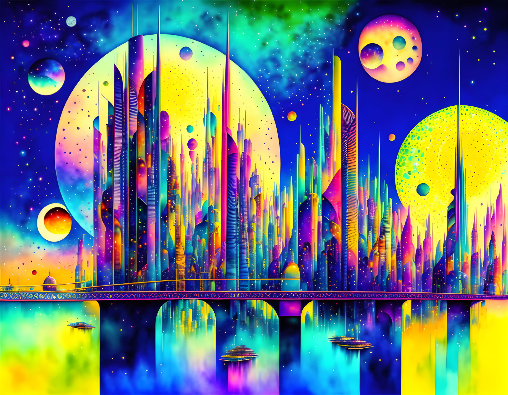 Futuristic cityscape with celestial bodies and vivid colors