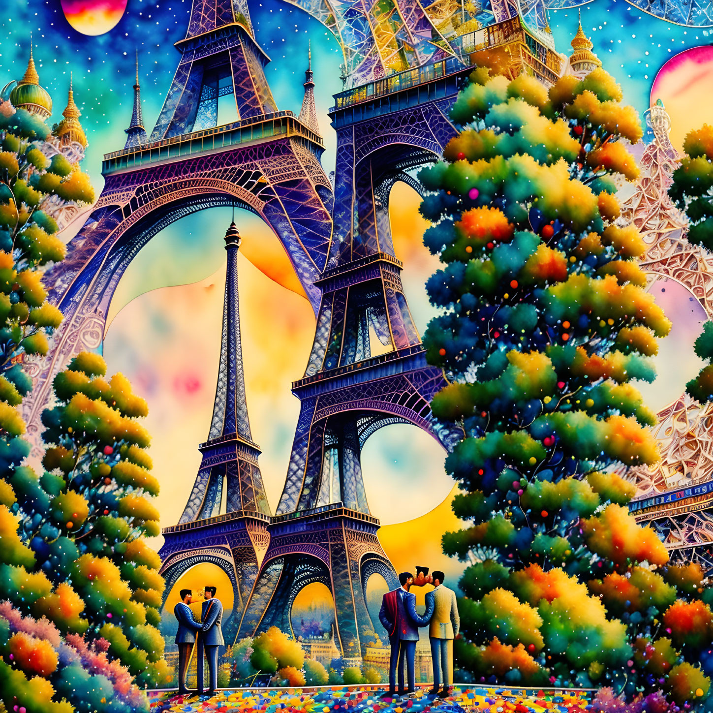 Surreal artwork: Multiple Eiffel Towers, colorful trees, pairs of people, starry