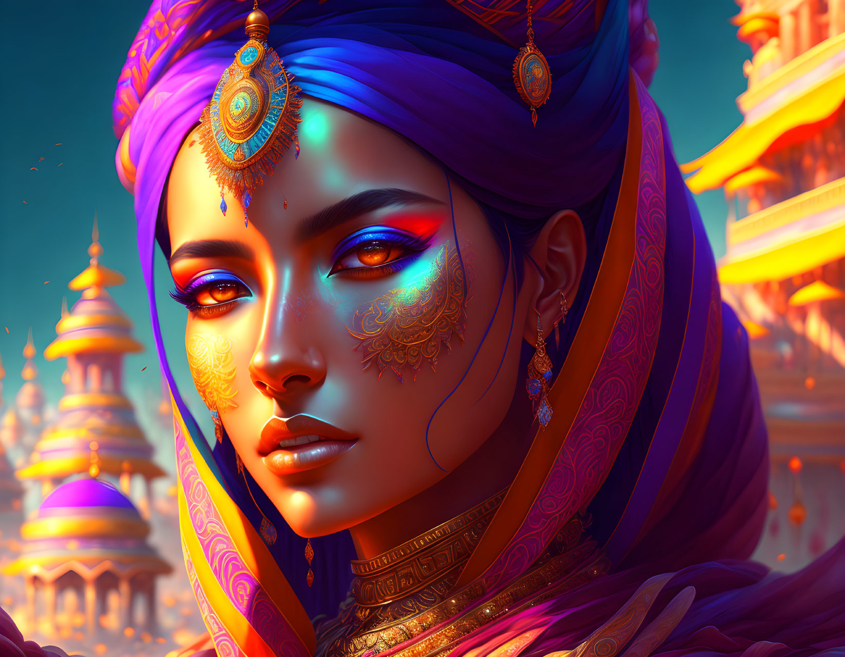 Vivid Blue Hair Woman Portrait with Gold Ornaments and Purple Garment