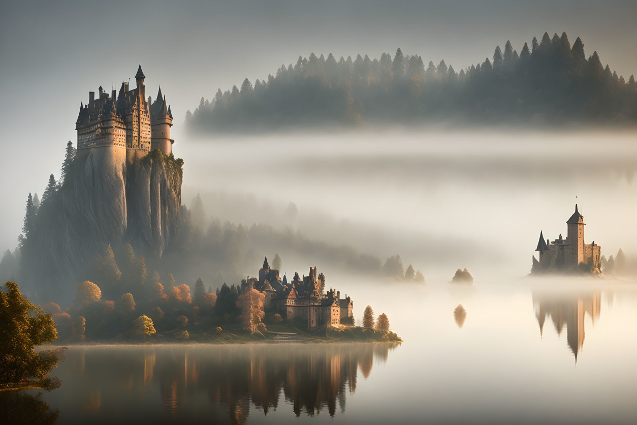 Majestic castle on cliff overlooking misty forest and lake