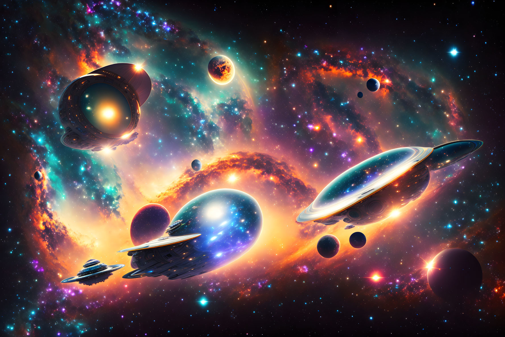 Colorful digital artwork: Flying saucers in vibrant nebula