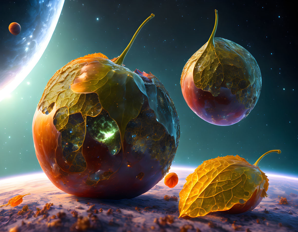 Surreal oversized cracked cherries in lunar landscape