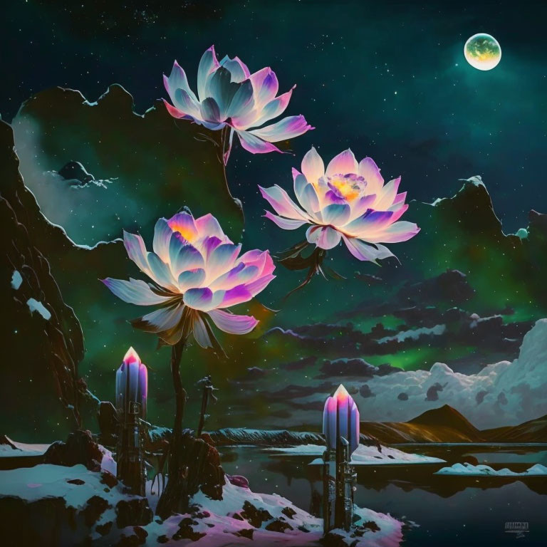 Nighttime scene: Glowing lotus flowers, mountains, water, starry sky, green aur