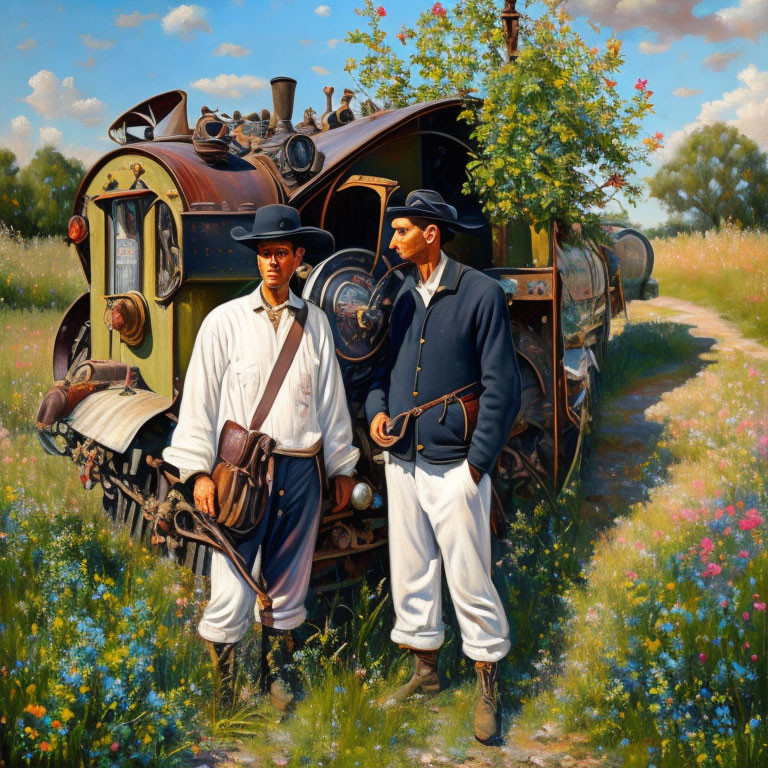 Vintage Baseball Players Pose by Old Steam Locomotive in Scenic Landscape