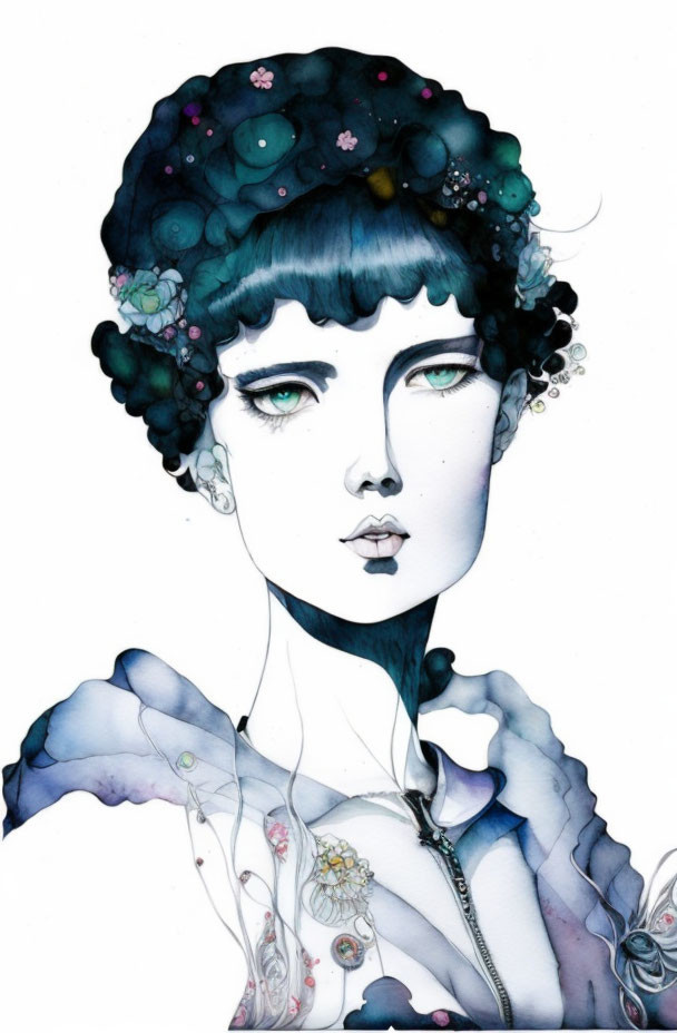 Illustration: Woman with Dark Hair, Floral Adornments