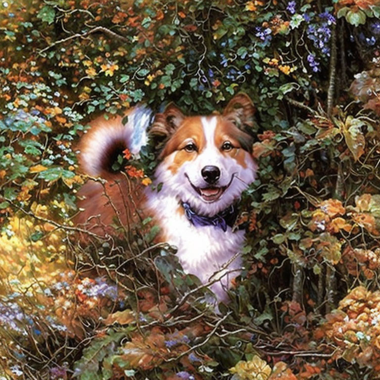 Tricolor dog with fluffy tail in dense autumn foliage