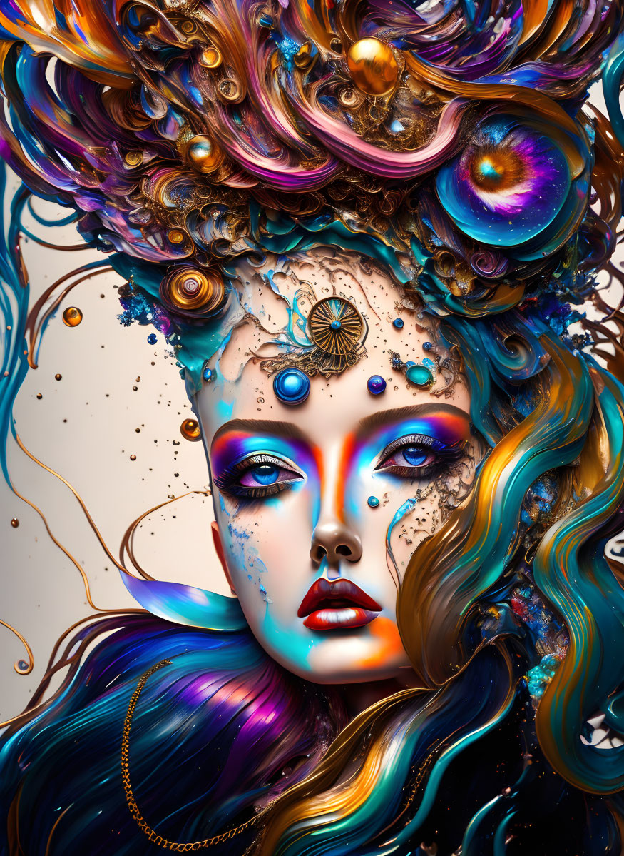 Colorful digital artwork: woman's face with surreal elements and blue hair